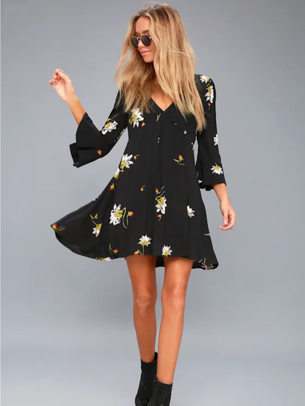 Free People Time On My Side Black Floral Wrap Dress